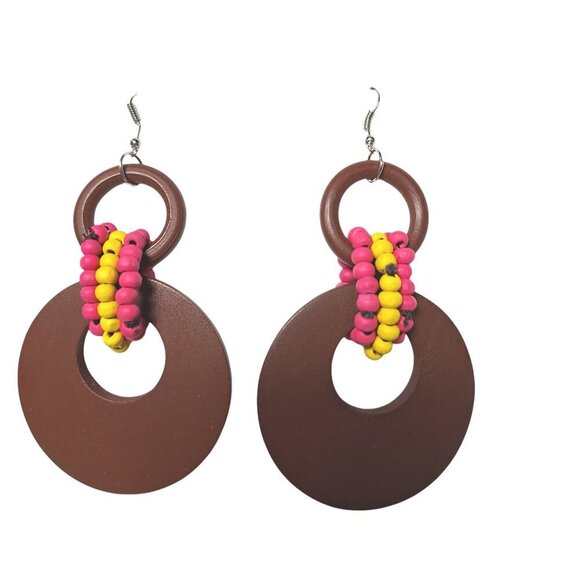 Chunky Brown Wooden Beaded Boho Beach Jamaican Dangle Earrings Costume Jewelry - Picture 1 of 4